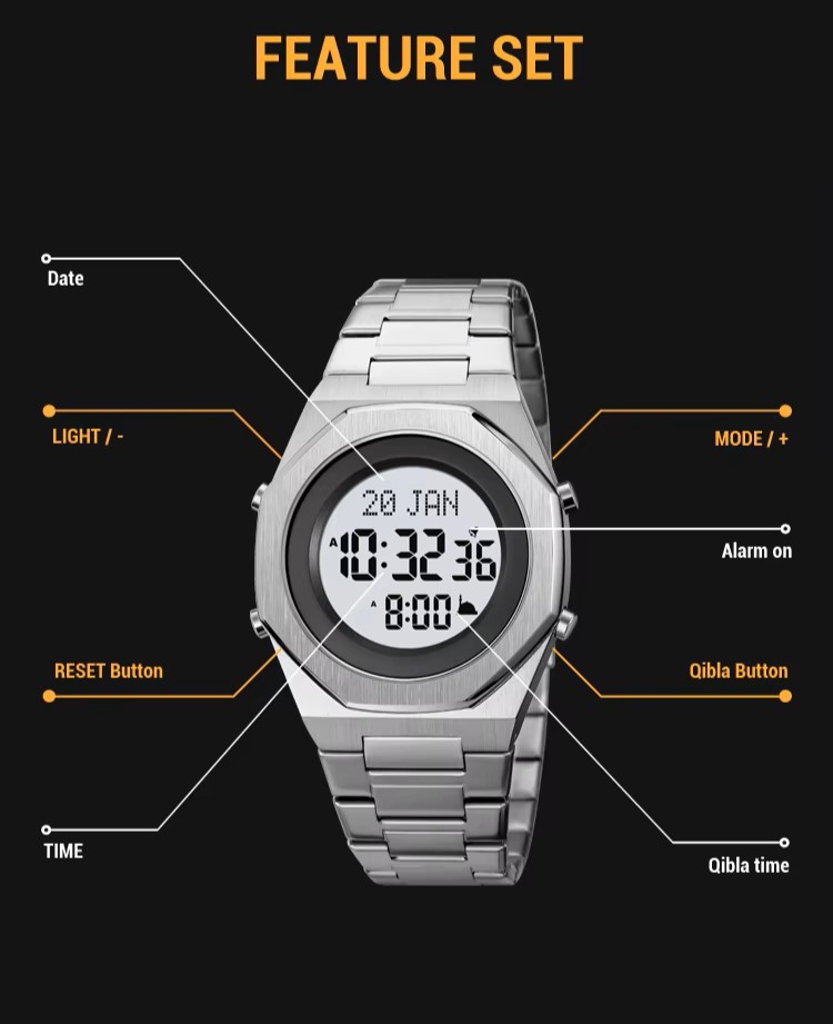 SKMEI 2069 ALFAJAR Azan Digital Watch I Silver - Image 11